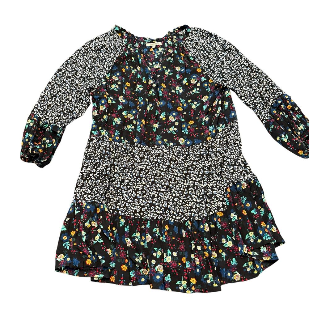 Natura Women’s mixed print  dress, long sleeve, boho, black, faux tiered, XL